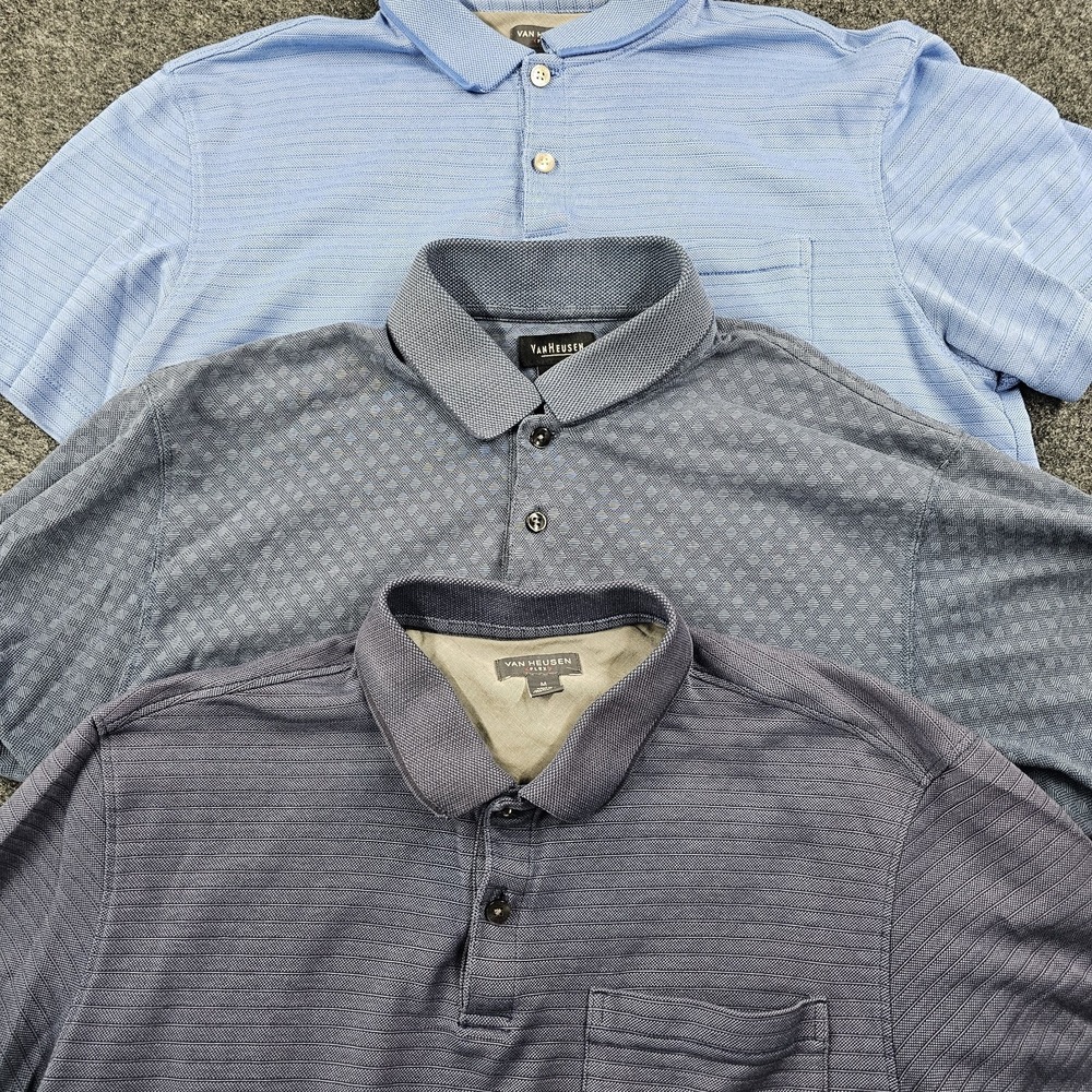 Van Heusen Men's Polo Shirt Lot 3 Pack M Blue Gray Flex Short Sleeve Golf Casual